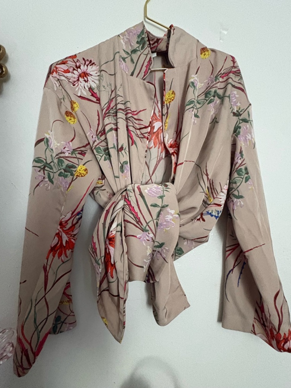 H&M Floral Tie-Front Blouse | Soft Luxe Beige Botanical Top | Feminine Chic
